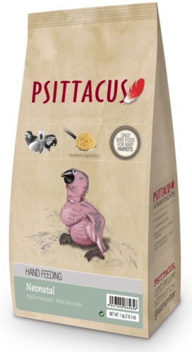 PSITTACUS NEONATAL HAND FEEDING  For all parrots, 1 Kg - Formulated as an early-age hand-feeding formula, suitable to hand-rear psittacine birds during the 2nd phase of the early-age period (from the 5th-8th day of life until the moment pin feathers emerge). It contains a high proportion of dehydrated whole egg and papaya, which favours digestive transit.