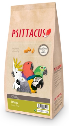 Psittacus Omega Formula, 800 g - It is especially recommended for stages when the parrots have greater nutritional needs (young parrots, parrots with nutritional deficiencies, etc.). It is recommended to restrict the amount in species that tend to gain weight such as those in the genera Amazona, Cacatua, Psittacula, Eclectus, etc.
This extruded formula is very palatable and has a high nutritional value. In addition, it has been formulated paying special attention to the profile of fatty acids and the contribution of Omega 6 and Omega 3.
It is formulated to constitute 100 % of the parrot’s diet. However, it is interesting to provide fresh fruit and vegetables in order to give variety to the diet. In this case Omega formula should constitute no less than 70-80 % of the total intake (except in the case of Eclectus parrots, which need a lot of sweet fruit).