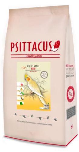 Psittacus Mini, 12 kg - Suitable for smaller size species like cockatiels, lovebirds, broad-taileds,
parakeets  that in the wild consume mainly seeds with low fat levels.
 It is formulated for the non-reproductive periods. Its composition meets the nutritional requirements of the birds during this time.
It is designed to constitute 100 % of the parrot’s diet. Fresh fruit and vegetables can be provided daily to give variety to the diet as long a Mini constitutes no less than 70-80 % of the overall diet by weight.