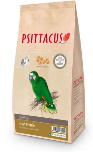 Psittacus High Protein, 800 g - Suitable for species consuming a great amount of fruit and seeds with a low to moderate fat content in the wild (amazons, cockatoos, conures…). 
It is formulated for the non-reproductive periods. Its composition meets the nutritional requirements of the birds during this time.
It is designed to constitute 100 % of the parrot’s diet. In order to provide variety, other foods like fruits and vegetables can be added to the diet as long as the proportion of High Protein is not less than 70 % of the overall diet by weight.
Daily consumption ranges from 5 to 15 % of the animal’s body weight. Medium-sized species (such as blue-fronted amazons) consume between 20 and 40 gr per day.