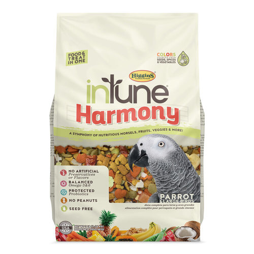 INTUNE HARMONY parrot, 3lb - inTune® Harmony for parrots and other large companion birds is made with inTune® parrot-sized, extruded morsels blended with proper portions of healthy treats, including pineapple, cashews, green peas, bananas, walnuts and more. Your pet bird will enjoy the dietary variety of inTune® Harmony’s food and treat in one blend while eating a healthy and seedless, balanced diet.