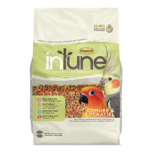 INTUNE CONURE & COCKATIEL, 2lb - Higgins inTune® Complete and Balanced Diet is the extruded nutrition that brings science and nature in tune with your pet bird’s well being. inTune® does not contain artificial preservatives or flavors. inTune® uses colors sourced from seeds, spices and vegetables for natural, subtle colors. The tropical aroma you’ll notice as soon as you open the bag is derived from real banana, pineapple and citrus.  inTune® comes in unique shapes that are sized for your pet bird. Balancing these natural aspects, inTune® has added vitamins, minerals and amino acids. Our antioxidant formula contains balanced omega-3 & 6 fatty acids along with stabilized Vitamin C and Vitamin E to support the immune system. Fruits, vegetables and highly cooked grains are added to support the digestion of carbohydrates. Protected probiotics (microencapsulation of the probiotic bacteria) are added to promote the delivery of active, beneficial bacteria to the intestinal tract, in order to support digestive health.