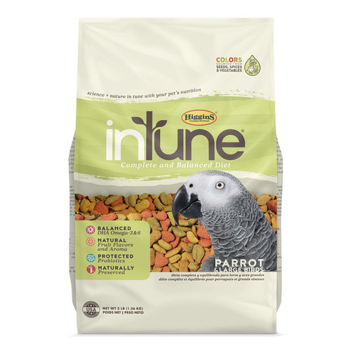 INTUNE parrots, 3lb - Higgins InTune® Complete and Balanced Diet is the extruded nutrition that brings science and nature in tune with your pet bird’s well being. inTune® does not contain artificial preservatives or flavors. inTune® uses colors sourced from seeds, spices and vegetables for natural, subtle colors. The tropical aroma you’ll notice as soon as you open the bag is derived from real banana, pineapple and citrus. inTune® comes in unique shapes that are sized for your pet bird. Balancing these natural aspects, inTune® has added vitamins, minerals and amino acids. Our antioxidant formula contains balanced omega-3 & 6 fatty acids along with stabilized Vitamin C and Vitamin E to support the immune system. Fruits, vegetables and highly cooked grains are added to support the digestion of carbohydrates. Protected probiotics (microencapsulation of the probiotic bacteria) are added to promote the delivery of active, beneficial bacteria to the intestinal tract, in order to support digestive health.