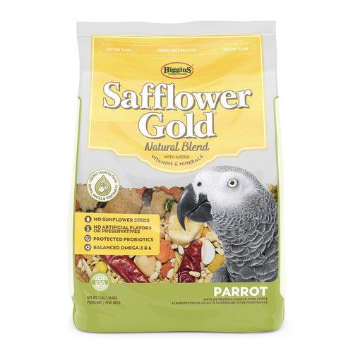 SAFFLOWER GOLD, 1.36 kg - Safflower Gold® is our gourmet, natural safflower seed blend available for Parrots and Conures/Cockatiels. Safflower Gold® does not contain sunflower seeds, artificial colors or preservatives. Safflower Gold® is also fortified and enriched with plant-based DHA omega-3 fatty acids and protected probiotics to support immunity.