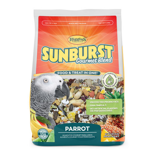 SUNBURST GOURMET BLEND parrots, 1.36 kg - Sunburst® Gourmet Blends are our premium, fortified, natural bird foods formulated as a food and treat all in one. Sunburst® contains mixed fruits and vegetables, wholesome seeds, grains, nuts, legumes and much more! What you won’t find in Sunburst® are artificial colors and preservatives. Sunburst® is enriched with plant-based DHA omega-3 fatty acids as well as protected probiotics to support immunity.