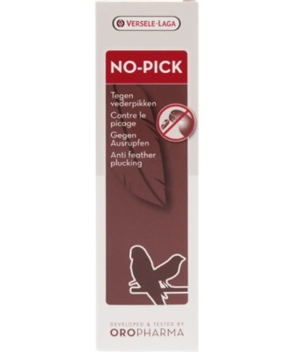 NO-PICK  From Versele laga, 100 ml - Oropharma No-Pick is a bitterspray against feather pecking. This product protects growing youngsters from feather plucking by parent animals and helps to prevent feather pecking and self mutilation. 
 Spray on the feathers once per day. Warning: do not spray in the eyes or the beak. Keep out of reach of children.