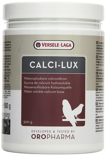 CALCI-LUX  From Versele laga - Oropharma Calci-Lux is a high quality, water soluble source of calcium. This dietary supplement is administrated for good egg shell formation, for good skeletal development in young birds, during the breeding season to prevent egg-binding and in cases of calcium deficiency .