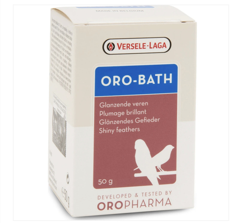 PET SHOP  - ORO-BATH  From Versele laga - Oropharma Oro-Bath is a special bath salts care product for glossy plumage. It makes feathers more supple, keeps the feet and skin free from scaling and ensures glossy feathers. Oro-Bath has a relaxing function on the muscles and cleans the skin and feathers. Everyone knows that birds like to bathe and also need it. Regular bathing is essential for maintaining the feathers. Adding Oro-Bath to the bath water gives the birds supple feathers and helps them to maintain the strength and water-resistant function of the plumage.A beneficent treatment for the bird's skin and plumage, Relaxes the muscles and cleans the skin and feathers softly and Preventive care against feather mites