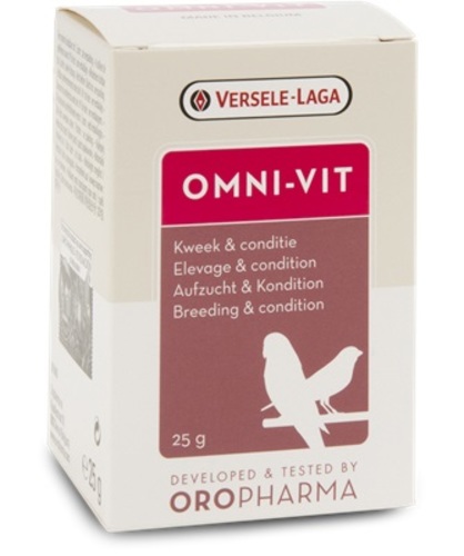 OMNI-VIT  From Versele laga - Oropharma Omni-Vit is a balanced blend of vitamins, amino acids and trace elements. This dietary supplement is administrated for optimal condition, better breeding results, optimal development of the chicks and in conditions of weakness or stress. Omni-Vit helps in cases of decreased resistance due to infection.