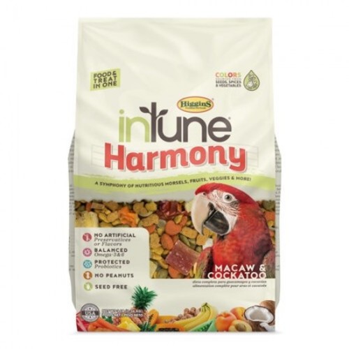 INTUNE HARMONY Macaw, 1.36 Kg - inTune® Harmony for parrots and other large companion birds is made with inTune® parrot-sized, extruded morsels blended with proper portions of healthy treats, including pineapple, cashews, green peas, bananas, walnuts and more. Your pet bird will enjoy the dietary variety of inTune® Harmony’s food and treat in one blend while eating a healthy and seedless, balanced diet.