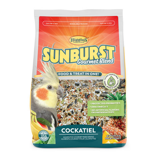 SUNBURST GOURMET BLEND Cockatiel, 1.36 kg - Sunburst® Gourmet Blends are our premium, fortified, natural bird foods formulated as a food and treat all in one. Sunburst® contains mixed fruits and vegetables, wholesome seeds, grains, nuts, legumes and much more! What you won’t find in Sunburst® are artificial colors and preservatives. Sunburst® is enriched with plant-based DHA omega-3 fatty acids as well as protected probiotics to support immunity.