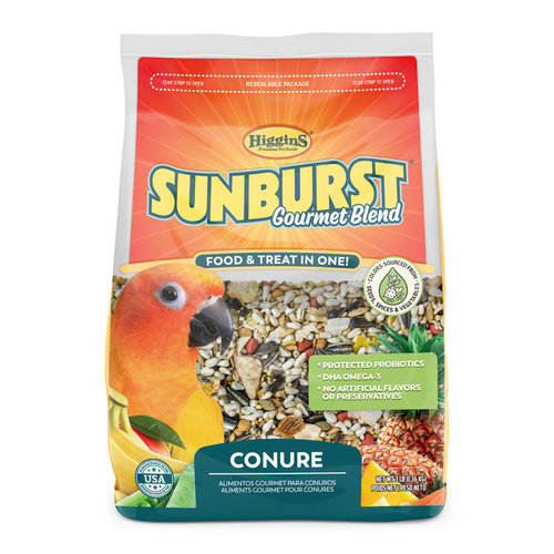 SUNBURST GOURMET BLEND Conure, 1.36 kg - Sunburst® Gourmet Blends are our premium, fortified, natural bird foods formulated as a food and treat all in one. Sunburst® contains mixed fruits and vegetables, wholesome seeds, grains, nuts, legumes and much more! What you won’t find in Sunburst® are artificial colors and preservatives. Sunburst® is enriched with plant-based DHA omega-3 fatty acids as well as protected probiotics to support immunity.