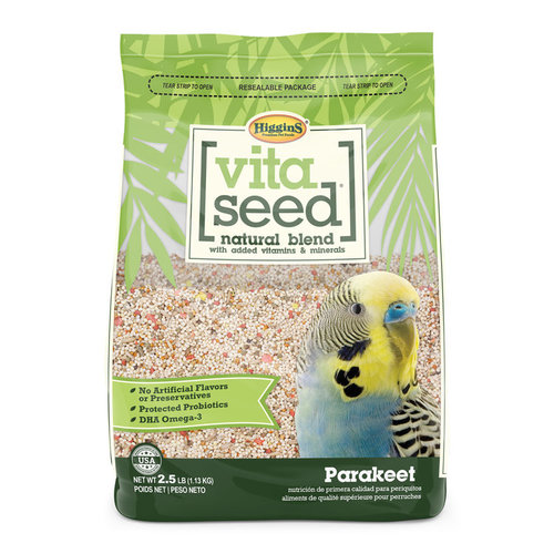 VITA SEED FOR PARAKEET, 1.13 Kg - Higgins Vita Seed® is the premium, natural seed blend with added vitamins, minerals and trace nutrients. Vita Seed® is free of artificial preservatives, flavors and chemical colors your companion bird doesn’t need. Instead, Higgins® uses colors sourced from seeds, spices and vegetables. Higgins® adds protected probiotics and DHA omega-3 fatty acids that are stabilized to support your pet’s immunity and overall health.  
 Vita Seed® is made with top crop seeds and grains and blends them with premium dried fruits, vegetables and Higgins inTune® extruded morsels for added nutrition. All of the ingredients are sized just right for your pet’s enjoyment.