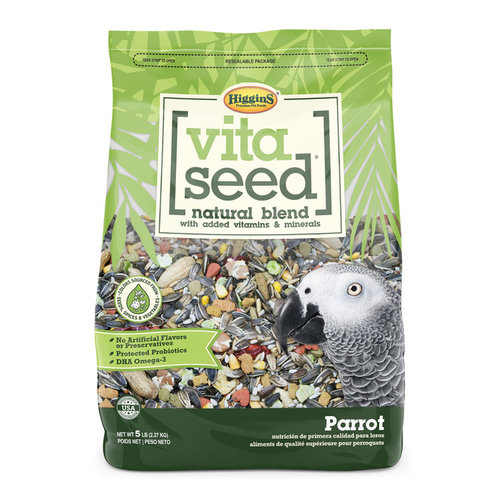 VITA SEED FOR PARROTS, 1.36 kg - Higgins Vita Seed® is the premium, natural seed blend with added vitamins, minerals and trace nutrients. Vita Seed® is free of artificial preservatives, flavors and chemical colors your companion bird doesn’t need. Instead, Higgins® uses colors sourced from seeds, spices and vegetables. Higgins® adds protected probiotics and DHA omega-3 fatty acids that are stabilized to support your pet’s immunity and overall health.  
 Vita Seed® is made with top crop seeds and grains and blends them with premium dried fruits, vegetables and Higgins inTune® extruded morsels for added nutrition. All of the ingredients are sized just right for your pet’s enjoyment.