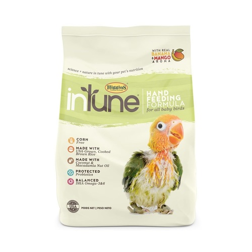 INTUNE HAND FEEDING FORMULA, 2.5 kg - inTune® Natural Hand Feeding Formula is natural with added vitamins and minerals and free of artificial colors and preservatives. inTune® Natural Hand Feeding is enriched with protected probiotics and balanced Omega-3 & 6.  inTune® Natural Hand Feeding Formulas are rice based (sourced from North America) and corn free. inTune® Natural Hand Feeding uses natural and healthy, high end sources for nutritional fat like coconut oil and macadamia nut meal. It is also the only commercial hand feeding formula on the market with natural banana & mango aroma.