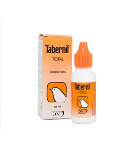 TABERNIL total ( Multi-Vitamin) - During periods of rearing and growth. To enhance the bird's general health and during and after any infectious or parasitic disease. To improve egg-laying, fertility and incubation. To prepare birds before and during breeding. During moulting periods (both physiological and abnormal moulting). After long treatments with sulphonamides and antibiotics. 
 Vitamin A (E672) 420,000 I.U. Vitamin D3 (E671) 66,000 I.U. Vitamin E (α-tocopherol acetate) 193 mg Vitamin B1 HCL 75 mg Vitamin B2 sodium phosphate 55 mg Vitamin B6 HCL 65 mg Nicotinamide 80 mg Pantothenic acid (D-panthenol) 70 mg Vitamin C 400 g Vitamin K3 6 mg Choline chloride 1060 mg Amino acids, salts and analogues: DL-methionine 400 mg 
  5 ml/litre of drinking water, equivalent to 8 drops per 40 ml of water or 20 ml/500 g of breeding paste or cake, equivalent to 16 drops/10 g of breeding paste or cake, during 5 consecutive days, twice a month. The normal quantity for a canary or parakeet is 1 to 2 drops of TABERNIL TOTAL daily and for parrots 6 to 10 drops/day. During periods of high demand, such as: stress, preparation of breeders, during infectious or parasitic processes, etc., double the aforementioned dose.