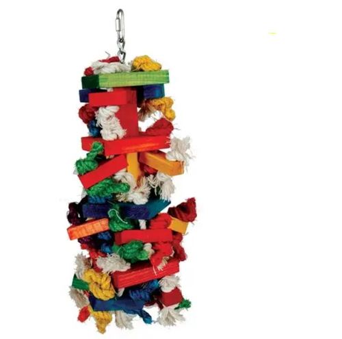 Colored L Knots N Blocks ( 012) - Suitable for mid. to larg bird as Greys, amazonz, cockatoo and macaws.  This fun toy is perfect for keeping your bird active, and promotes exploration as well as instinctive activities such as chewing.