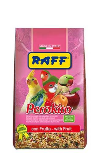 Perokito nuts and fruit mixture Raff, 500g - VITAMINIZED SEED MIXTURE FOR PARAKEET AND COCKTATEIL ENRICHED WITH FRUITS AND GRANULATED BISCUIT Perokito is a Super Premium daily food enriched with dehydrated fruit and delicious vitaminized biscuit. Perokito is packaged into MODIFIED ATMOSPHERE (FRESCOPLUS SYSTEM) to ensure its excellent organoleptic properties are preserved intact over time.