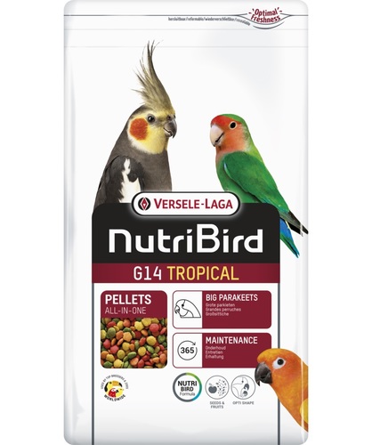 G14 Daily food for medium  bird  From Versele laga, 1 kg - Scientifically approved composition with all the nutrients your birds need. Completely consumable, no food waste. 
 Based on selected grains, fruit and peanuts. Contains Florastimul®: supports the intestinal flora and protects against intestinal disorders. Recommended by vetarinarians and used worldwide by ornithological parks and top breeders.