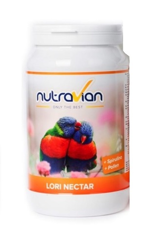 Lori nectar  From nutravian, - Nutravian LORI NECTAR is a complete, watersolluble food for all kinds of lories, ﬁgparrots, loricullus. 
 The unique combination and the correct amounts of fructose, malto dextrines, proteins and amino acids guarantee a perfect condition of your birds. Nutravian LORI NECTAR is enriched with Spirulina and pollen.