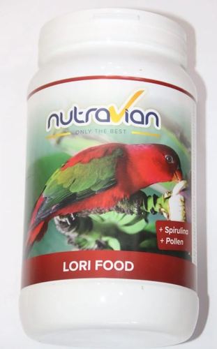 Lori food From nutravian, - Nutravian LORI FOOD DRY is a complete food for nectar and pollen eating birds like lories, loricullus,… Nutravian Lorifood DRY has a high palatability and can be fed without any additions. The unique combination in sugars, fruit, proteins, vitamins and amino acids guarantees a perfect condition of your birds, Nutravian Lori Food DRY contains spirulina and pollen which support the health and resistance of your birds.