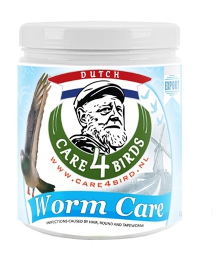 Worm Care - Hair -and roundworm infestations in birds (Capilarias spp and Ascaridia spp)   Symptoms: The birds lose weight. Heavily infested pigeons usually show impaired general condition and are listless and apathetic with dull, ruffled plumage and droppings of varying consistency.   Dosage: WORM CARE POWDER 5 g. for 2 L. drinking water, 1 or 2 days,  birds should not be dewormed while they are rearing the young or during the main moult, repeat the treatment after 10-12 days. Worm Care is a water-soluble powder which can also be given under the feed.