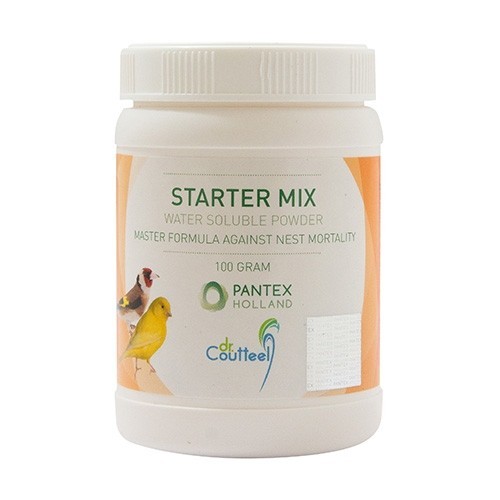 PET SHOP  - STARTER MIX - In aviculture, there are sometimes big losses of nestlings caused by bacterial diarrhea in the first week of life. Although the breeding birds look perfect and are feeding their nestlings excellently, diarrhea can appear and cause wet nests as the nestlings’ droppings are no longer encased by a membrane. Under these circumstances, it is no longer possible for the parents to remove the droppings and so all the nest material gets dirty and wet. The female breeding bird will often get a wet vent because of a dirty wet litter in the nest. One speaks then of the “sweating disease.” The youngsters stop growing and die after a couple of days. 
 However, it is possible to avoid all this by providing the nestlings a medication that prevents bacterial diarrhea. In collaboration with Pantex Holland, Dr. Coutteel has developed Starter Mix. This treatment is done through the drinking water starting from the day of hatching (thus day 1) and is given to the nestlings via the parents for one week. 
 INDICATIONS 
 Prevention of nest mortality of young birds in their first week of life (canaries and finches). Treatment and prevention of bacterial infections causing diarrhea in birds (canaries & finches, small psittacines and pigeons).   
 DOSAGE AND ADMINISTRATION 
 Oral administration through the drinking water. 
 Mix 4 grams (1 measuring spoon) of Starter Mix with 1 litre drinking water. 
 To prevent nest mortality of nestlings: administer daily during their first week of life. In the case of diarrhea: administer seven consecutive days as a curative treatment. Change medicated water on a daily basis and supply as the sole source of drinking water during the treatment. At the same time, you can moist the soft/egg food with this water.