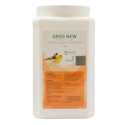 PET SHOP  - GROG NEW - One of today’s major problems in the breeding of passerine ornamental birds, is the presence of diseases like coccidiosis and atoxoplasmosis. On a secondary level, we often observe viral or fungal infections, such as circovirus (Black Spot disease) and “Megabacteria”.  To tackle these infections effectively, Dr. Coutteel developed in co-operation with Pantex Holland, the medication Grog New. 
   
 INDICATIONS 
 Treatment and prevention of different types of coccidiosis and atoxoplasmosis in passerine ornamental birds. Against common bacterial infections for fledglings during growth. Important support in preventing “Megabacteria” and Black Spot disease.   
 DOSAGE AND ADMINISTRATION 
 Oral administration through soft food/egg food. 
 30 ml measuring spoon (is packed inside the 1 kg jar): Mix one 30ml-measuring-spoon (= 20 gram) of Grog New with 1 kg prepared soft/egg food. 5 ml measuring spoon (is delivered separately with your order): Mix one 5ml-measuring-spoon (= 3 gram) of Grog New with 150 gram prepared soft/egg food. 
 Start adding the product  1 week before having the first youngsters. Continue daily during the whole breeding season until weaning.