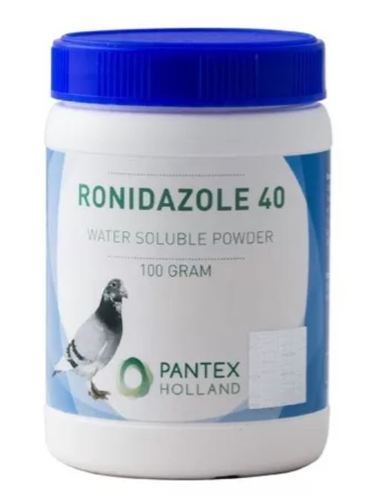 RONIDAZOLE 40 - RONIDAZOLE 40 is active against trichomoniasis and hexamitiasis and has a high therapeutic activity in birds infected by these protozoa. To improve bad condition of infected birds, RONIDAZOLE also contains a strong dose of vitamins, amino acids and trace elements. 
   
 Dosage and administration: 
 Orally via the drinking water. 
 General dose: 8 gram per 2 litres of drinking water (1 spoon =8 gram). 
 Prevention: every 3 weeks for 3 consecutive days. 
 Therapy: administer during 7 consecutive days.