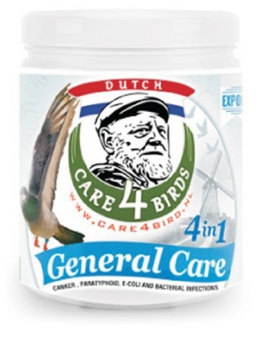 General Care powder - Canker (trichomoniasis, hexamitasis), paratyphoid, E-coli and bacterial infections in general.   Symptoms: Loss of weight and general condition, the droppings are slimy and green, legs and wings joints are swollen, eggs are infertile, they sometimes twist their neck on the side, Young bird sickness, sudden death.   Dosage: GENERAL CARE POWDER Prevention: 1 measuring spoon (=5g) for 2 litres drinking water during 1 or 2 days every 2 weeks, preferably starting the day after the race. As a treatment: 1 measuring spoon (=5g) for 2 litres drinking water during 5-7 successive days. This cure may be repeated if necessary after a few days. Stir well before use! General Care is a water-soluble powder which can also be given under the feed. Measuring spoon 1+5 g included.