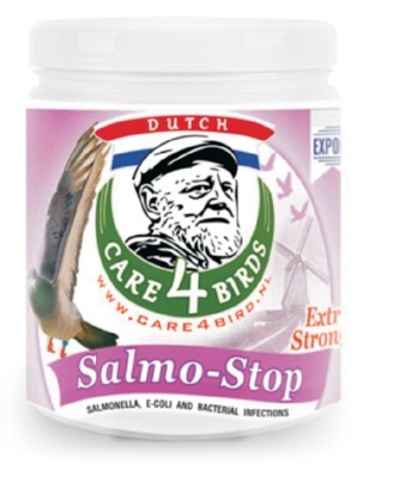 SALMO STOP POWDER - Salmonella (paratyphoid), E-Coli and bacterial infections.   Symptoms: Diarrhea (green diarrhea and some birds will vomit), Slow crop emptying, Infectious arthritis (lameness or a dropped wing), Subcutaneous abscesses (usually below the eye as a small swelling containing hard, yellow and dry pus), Infertility, sudden death   Dosage: SALMO STOP POWDER Prevention: 1 measuring spoon (=5g) for 2 litres drinking water during 1 or 2 days every 2 weeks, preferably starting the day after the race. As a treatment: 1 measuring spoon (=5g) for 2 litres drinking water during 5-7 successive days. This cure may be repeated if necessary after a few days. Stir well before use! Salmo Stop is a water-soluble powder which can also be given under the feed. Measuring spoon 1+5 g included.