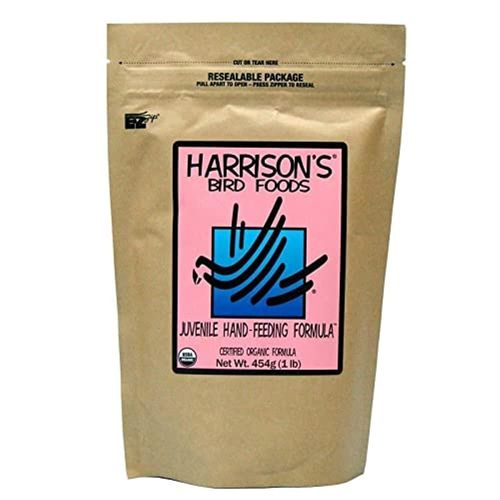 JUVENILE HAND-FEEDING FORMULA 450 g - JUVENILE HAND-FEEDING FORMULA
Harrison’s nuggets are a blend of certified organic, non-GMO verified, whole grain and legumes with the addition of natural occurring vitamins and minerals. Feeding Harrison’s nuggets will help your bird live a longer, healthier and happier life.
For hand-feeding psittacine chicks until weaning.For chicks following feeding of Recovery Formula for selected parrots.For birds recovering from illness or injuries and birds losing weight during a diet conversion