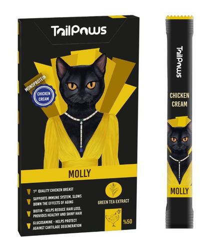 Tail paws Cat's treat (15gx5pcs) - immune-boosting, high-protein, snack, delicious  cream made from first quality meat. 100 grams of it meets the daily need of vitamins, amino acids and minerals. 
 No additives, colourants, flavors, salt and sugar are used. 
 Strengthens the immune system, slows down the effects of aging 
 Biotin – reduces hair loss, ensures healthy and shiny hair 
 Glucosamine – protects against cartilage degeneration 
 Helps muscle development and tissue repair, increases skin health, reduces allergy attacks 
 Helps maintain dental and gum health