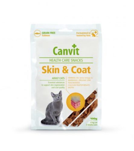 PET SHOP  - Snack for healthy Skin and coat - Support for healthy skin and thick coat in tasty snack form A healthy snack for healthy skin and coat 
 Functional snack with salmon is a complex and irresistibly tasty source of vitamins, minerals, and unsaturated fatty acids for healthy skin and coat. 
 The coat and skin are the body’s first layer of defence against the negative influences of the environment. In order for the skin to provide that protection, its metabolism requires an adequate source of vitamins, microelements, and amino acids, such as biotin, vitamins B2, B3, B5, zinc, and methionine. With their anti-inflammatory properties, omega-3 unsaturated fatty acids are also important to skin health and function. 
 Canvit Skin & Coat Health Care Snack provides regular intake of vitamins, minerals, and omega-3 fatty acids for healthy skin and a thick, shiny coat. And it tastes great too. 
 Complementary cat food