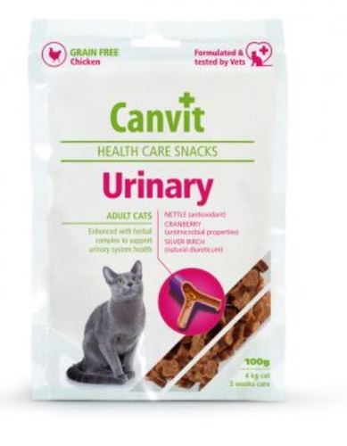 Tasty snack for Urinary tract health support - Prevention of urinary tract infection in tasty snack form 
 Functional and irresistibly tasty snack with chicken, dried cranberries, nettle, silver birch, and omega-3 unsaturated fatty acids for prevention of urinary tract infection in cats. 
 Urinary tract infection is a very common problem in cats. It is a highly painful condition that causes the cat to urinate frequently and also urinate outside of the litter box. Cranberries, nettle, and silver birch are natural sources of vitamins, antioxidants, and substances that help prevent urinary tract infection. They have powerful antibacterial properties, prevent the propagation of bacteria, create a protective layer on the bladder mucosa, increase urine production, and suppress pain. 
 Canvit Urinary Health Care Snack prevents infection in the lower urinary tract in cats. And it tastes great too.