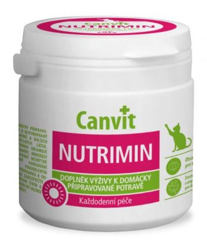 PET SHOP  - Nutrimin Complex vitamins and minerals with taurine for cats 150g - Complex vitamins and minerals with taurine for cats 
 Complex of 14 vitamins, microelements, and taurine with excellent biological availability for balanced nutrition and prevention of hypovitaminosis in cats fed with meat and homemade food. Homemade food and meat for cats contain sufficient quantities of protein, carbohydrates, and fat but are poor in vitamins, minerals, and taurine. An example is the entirely common feeding of cats with meat, which contains large quantities of phosphorus but a minimum of biologically available calcium. Long-term feeding with food poor in vitamins, minerals, and taurine can cause irreversible damage to a cat’s health. Canvit Nutrimin contains a complex of 14 vitamins, organically bound microelements, and taurine for the preparation of a balanced diet.