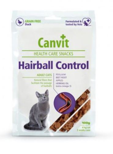 PET SHOP  - Hairball prevention snack 100g - Hairball prevention in tasty snack form 
 Functional and irresistibly tasty snack for hairball prevention with chicken, fish oil, apple and beetroot fibre, and psyllium. 
 Fur licking is a natural behaviour for cats and serves to clean the coat. As the cat cleans her coat, she swallows a large amount of fur, which clumps together in the stomach forming hairballs. Hairballs cause the cat to vomit, and if they are large enough, they can impair the digestive system. Fish oil prevents the formation of hairballs, and fibre accelerates the passage of swallowed hairs from the stomach to the bowel. 
 Canvit Hairball Health Care Snack effectively prevents the formation of hairballs. And it tastes great too.