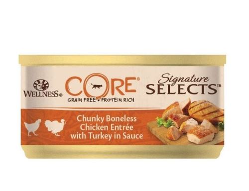 Wellness Core Signature Selects Flake  Cat 79g - Wellness CORE Signature Selects Flaked Skipjack  Entrée in Broth are complete and balanced meals which naturally deliver the protein, taste and texture your carnivore craves. Signature Selects are protein-rich recipes to keep mealtime tasty and tender. Your carnivorous cat will be delighted by the real flaked fish or chicken pieces a cooked in a lip-licking broth.