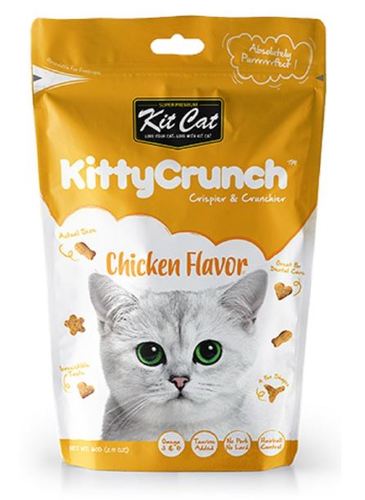 Kit Cat KittyCrunch Chicken Flavor 60g - Kit Cat Kitty Crunch are created by nutritionists who are cat lovers and are made with goodness of carefully selected ingredients. KittyCrunch is produced to perfection for cats. With a range of tasty flavors and 4 fun shapes, these irresistible crunchy bites are not only delicious but help clean teeth too.