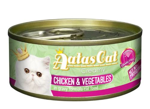 Aatas Cat Creamy canned Formula 80g Different flavors - Aatas Cat canned food is a great way to add some variety to your cat’s diet, in addition to providing an alternate source of water for healthy hydration!Savor the delectable shreds of slow-cooked Chicken, topped with pieces of succulent Whitefish or crab or veg  in rich gravy. These tasty shreds of Creamy Chicken & Whitefish in delicious gravy include natural, wholesome ingredients free from grains, carrageenan, artificial colors, flavors and preservatives.All of Aatas Cat food cans are absolutely free from any intended use of BPA