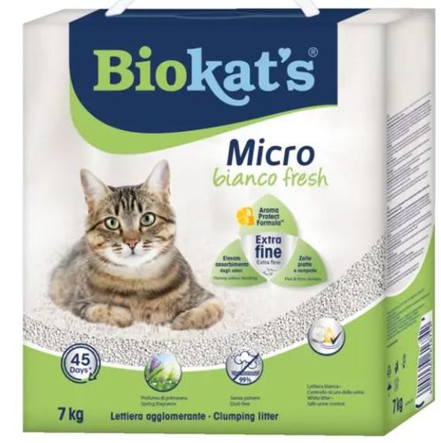 PET SHOP  - Biokat's Micro Fresh 7Kg - Made from renewable materials and with the additive activated carbon Biokat’s Eco Light EXTRA is made from sustainable soya bean and natural plant fibres. In addition, Eco Light EXTRA contains activated carbon for highly effective odour binding and absorbency. Very effective and economical Eco Light EXTRA is a particularly effective cat litter, as the plant fibres are extremely absorbent. On a day to day basis, you only need to remove 3 times the clumps and hard excrement. Top up instead of refilling with new litter: only add the removed amount. The residual filling of the litter can stay in the cat litter tray for 4 to 6 weeks. You can find details of how long this bag will last on the front of the bag. Highly effective odour binding Activated carbon is a highly porous carbon substance with an enormous surface area. If you were to unfold just 2 grams of activated carbon, it would result in the area of half a football field (2,000+ square meters)! Due to the unique physical chemistry of activated carbon, odour substances are strongly attracted to, and firmly bound to the carbon molecules. Activated carbon has been successfully used in households for a long time – for example; in extractor fans, odour filters in refrigerators, water filters and shoe insoles. Up to 700