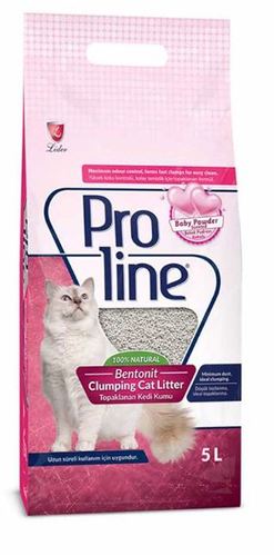 Proline Bentonite Cat Litter Baby Powder 5 LT - MINIMUM DUST: Proline cat litter is processed speciallyduring production to be able to minimize the dust formation in the area where it is used. 
 ABORBENT FEATURE: Proline cat litter absorbs the liquid quickly and forms clumps with perfect clumping feature. It prevents all kind of bacterial contamination that can be harmful for you or your cat 
 ODOR BLOCKING: While blocking the bad odor that releases to the environment, Proline cat litter also gives a fresh odor when it is contacted with a liquid. 
 USAGE DIRECTIONS: 
 Place your cat litter box on a place which is easy to reach and comfortable. Pour the cat litter to the whole bottom of the litter box with 7-8 cm thickness. Clean the clumps and solid waste every day with a proper scoop. Complete the cat litter by adding fresh litter when the level decreases. Changing cat litter period may be reduced if you have more than one cat. Wash your hands with soap after contacting with cat litter in the box.