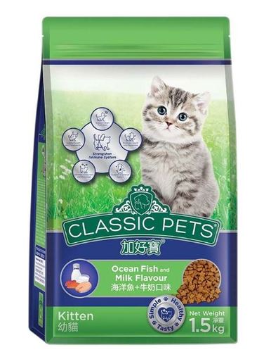 Classic Pets Kitten Food Ocena Fish & Milk 1.5 Kg. - A cat's love for fish is thoughtfully blended with loads of calcium, phosphorus, proteins, antioxidants, vitamins and minerals, in each pack. It helps maintain its fur and provides it with healthy bones and body growth, healthy immune system, and energy for play.