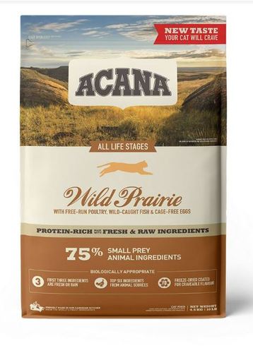 Acana Wild Prairie Cat 1.8 Kg - Cats biologically require a diet rich in protein from whole animal ingredients. Inspired by the vast prairies and pristine lakes of Canada, ACANA Wild Prairie offers your cat quality animal ingredients from chicken and turkey, freshwater fish, and eggs. 
 Protein-rich and nutrient-dense, ACANA includes WholePrey ratios of meat, organs, cartilage, and bone, so your cat is getting everything they need for peak health, keeping them happy, healthy, and strong. 
 Digestive Health Our combination of high-quality protein, ﬁbre, and probiotics helps support digestive health. 
 Healthy Heart & Eyes Taurine, EPA & DHA are essential nutrients cats need to help maintain eye & heart health. 
 Healthy Skin & Coat Balanced Omega-3 and Omega-6 fatty acids support healthy skin and a shiny coat. 
 Craveable Taste Small prey animal ingredients and infusions of liver provide a burst of flavor cats will crave.