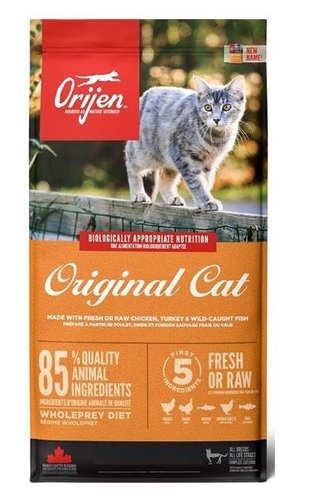 Orijen Original Cat food - ORIJEN Original Cat diet is made with fresh or raw¹ free-run² chicken and turkey, wild-caught fish, and cage-free eggs. Packed with WholePrey animal ingredients like organs and bone, ORIJEN food is made with the most nutrient-dense, succulent parts of the prey to deliver the nutrition cats need. With 90%³ quality animal ingredients and a freeze-dried liver coating, this diet is beyond comparison.