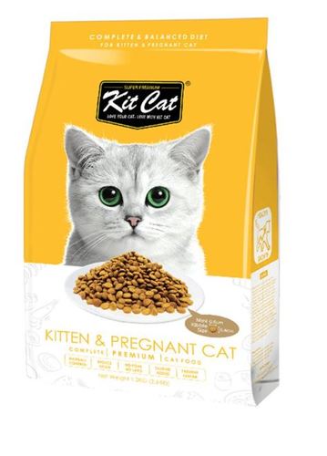 Kit Cat premium cat food kitten & pregnant - Kit Cat's complete & balanced diet offers your cat a pH level balance of wholesome nutrition to support a healthy lifestyle. With selected quality meat containing essential vitamins, our Kit Cat formula also has an optimal ratio of omega-3 to omega-6 fatty acids that promotes a healthy heart, skin, and coat for your cats. In addition, this diet contains fructooligosaccharides which promote a healthier digestive tract and taurine for healthy eyes. 
 Health Benefits 
 Fructo oligosaccharides extracted from chicory roots, fructo-oligosaccharides to support the beneficial flora and healthy digestion. DL-Methionine is an essential amino acid for growth requirements. Taurine is an essential amino acid for health improvement. Yucca schidigera extract, contribute to reduced ammonia and reduces the odor of animal feces. Promotes maximum digestibility and prevent digestive problem with enzymes. Brewer’s dried yeast is a good quality of protein, high in essential amino acids and high level of B vitamins. Whole egg powder, the perfect source of digestive protein, enriched with amino acids. Vitamin C, Vitamin E, and Rosemary extract helps to improve healthy immune, reduce stress, defend against disease and act as an antioxidant in the feed.