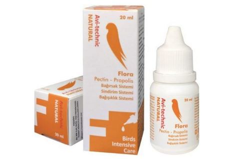 Flora drops , - FLORA meets the needs of iron and zinc minerals in the feeding of caged birds such as budgerigars, canaries, parrots and pigeons. It is an aromatic feed additive product that helps prevent diarrhea by strengthening and balancing the intestinal flora thanks to pectin and propolis. It contributes to the development of the immune and digestive system. USAGE: 20 drops (1/2 teaspoon) is added into medium size water bowl of cage birds such as parakeet, canary and parrot. 50 drops (1 teaspoon) of the product is added in 100 cc drinking water of pigeons. The water of the birds is changed every day.