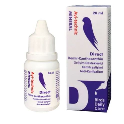 Direct Mineral drop , - DIRECT meets the daily mineral needs of pigeons and cage birds such as parakeets, canaries and parrots. It positively affects the development of the young birds and allows them to grow. It supports the feather formation of adult birds, shortens the molting time, prevents plucking, and preserves the vibrancy of their colors. USAGE: 20 drops (1/2 teaspoon) is added into medium size water bowl of cage birds such as parakeet, canary and parrot. 50 drops (1 teaspoon) of the product is added in 100 cc drinking water of pigeons. The water of the birds is changed every day.