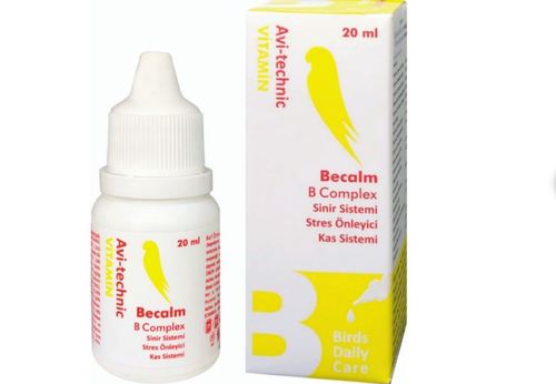 PET SHOP  - BECALM - BECALM meets the B vitamin needs of ornamental and cage birds such as pigeon, parakeet, parrot and canary. It helps the nervous systems to be healthy. It especially protects parrots from stress. It contributes to the prevention of muscle paralysis especially in the legs caused by vitamin B deficiency. 20 ml USAGE: 20 drops (1/2 teaspoon) is added into medium size water bowl of cage birds such as parakeet, canary and parrot. 50 drops (1 teaspoon) of the product is added in 100 cc drinking water of pigeons. The water of the birds is changed every day.