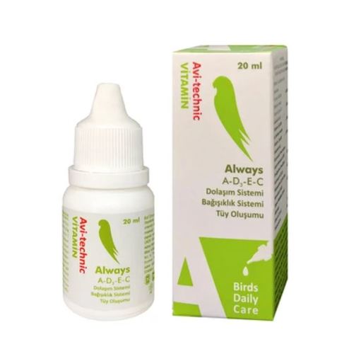 A-D-E-C DROPS - ALWAYS meets the vitamin A, D3, E and C needs of ornamental and cage birds such as pigeon, parakeet, parrot and canary. It helps birds to keep their circulatory, immune and muscular systems healthy. It supports the feather formation of adult birds and shortens the moulting time. USAGE: 20 drops (1/2 teaspoon) is added into medium size water bowl of cage birds such as parakeet, canary and parrot. 50 drops (1 teaspoon) of the product is added in 100 cc drinking water of pigeons. The water of the birds is changed every day.